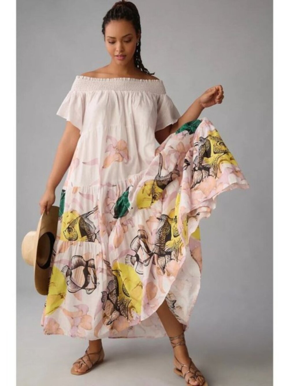 Maeve Pia Binazzi Maxi Dress Pink Vibrant Fish Print Off The Shoulder Tiered S - Picture 3 of 12